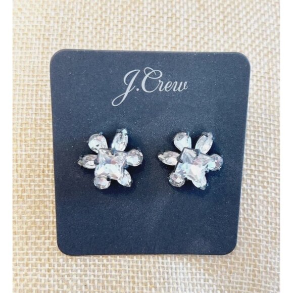 J. Crew Clear Rhinestone Classic Floral Stud Earrings - NWT - Picture 1 of 3
